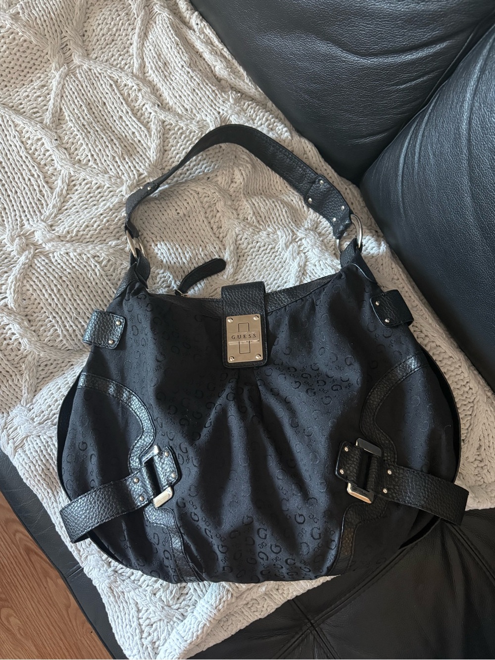 GUESS Black Logo Shoulder Bag with Silver Hardware
